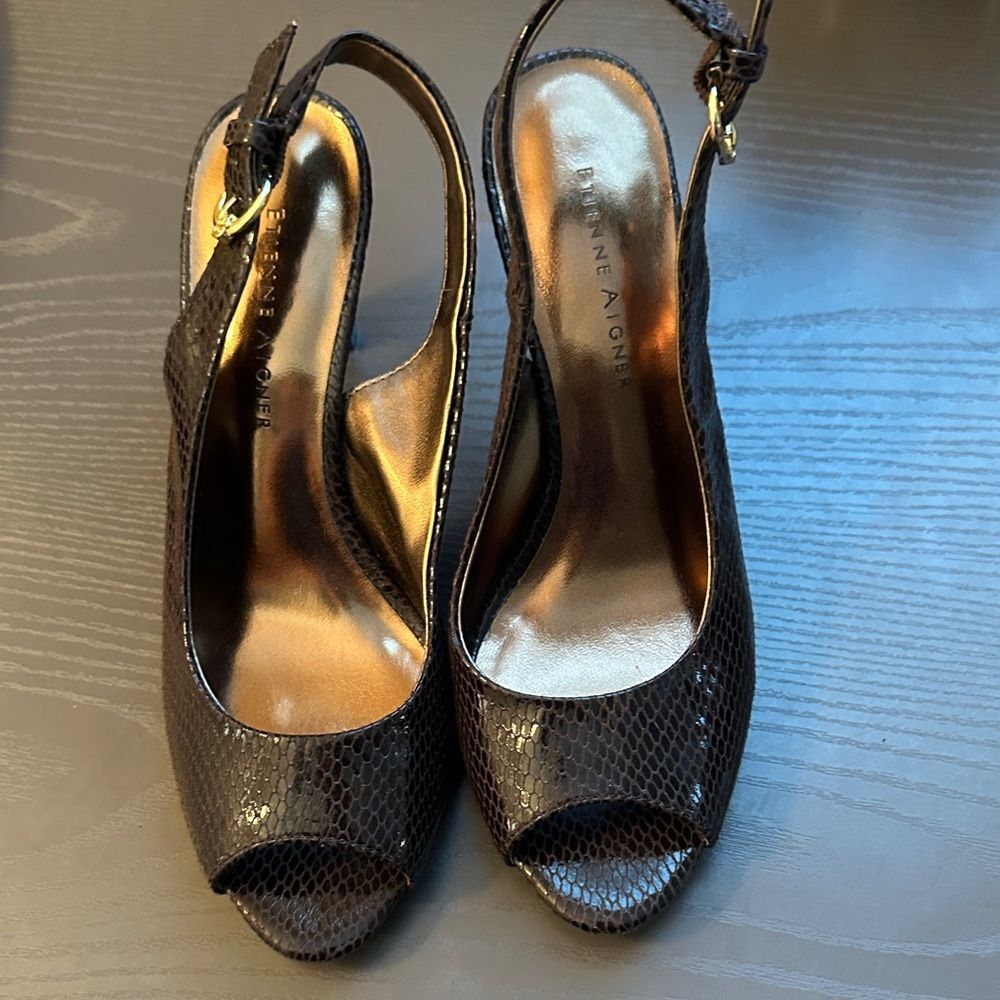 Etienne Aigner Dark Brown Textured Slingback Heels